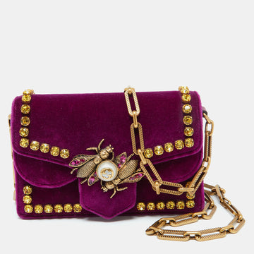 GUCCI Purple Velvet Mini Pearly Bee Crystal Embellished Broadway Shoulder Bag