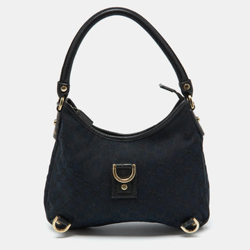 GUCCI Black GG Canvas and Leather Abbey D-Ring Hobo