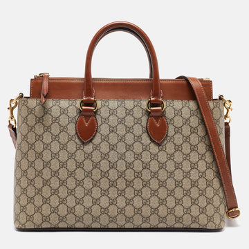 GUCCI Brown/Beige GG Supreme Canvas Zip Tote