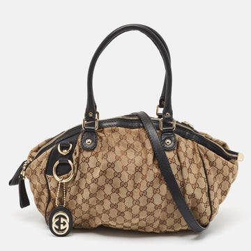 GUCCI Black/Beige GG Canvas and Leather Medium Sukey Bag