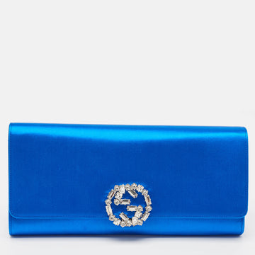 GUCCI Royal Blue Satin GG Crystals Broadway Clutch