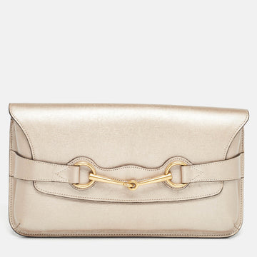 GUCCI Metallic Beige Leather Bright Bit Clutch