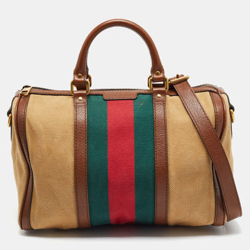 GUCCI Brown/Tan Canvas Medium Vintage Web Boston Bag