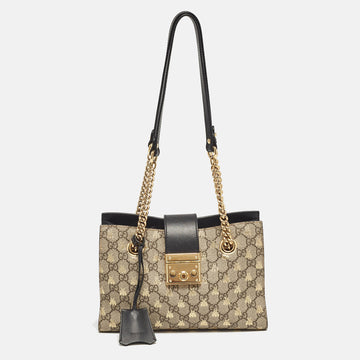 GUCCI Black/Beige GG Supreme Canvas and Leather Small Padlock Bee Tote