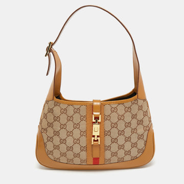 GUCCI Beige/Brown GG Canvas and Leather Small Jackie Hobo