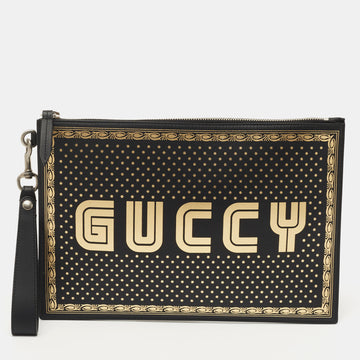 GUCCI Black/Gold Leather Guccy Zip Wristlet Pouch