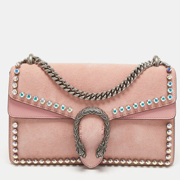 GUCCI Pink Suede and Leather Small Dionysus Crystal Embellished Shoulder Bag