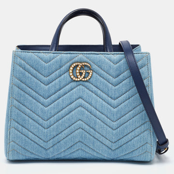 GUCCI Blue Matelasse Denim and Leather Small GG Marmont Tote