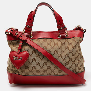 GUCCI Red/Beige GG Canvas and Leather Valentine Tote