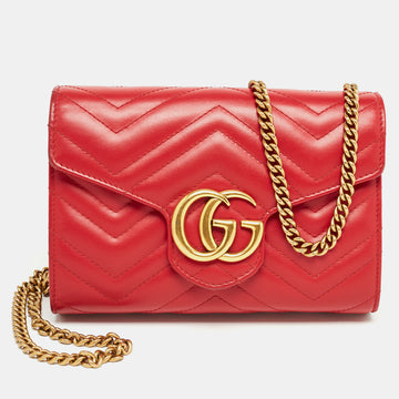 GUCCI Red Matelasse Leather Mini GG Marmont Chain Bag