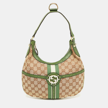 GUCCI Green/Beige GG Canvas and Leather Reins Hobo