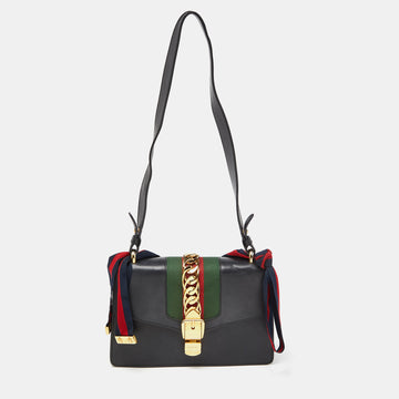 GUCCI Black Leather Small Web Sylvie Shoulder Bag