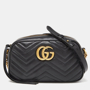 GUCCI Black Matelasse Leather Small GG Marmont Camera Bag