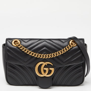 GUCCI Black Matelasse Leather Small GG Marmont Shoulder Bag