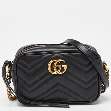 GUCCI Black Matelasse Leather Small GG Marmont Camera Bag