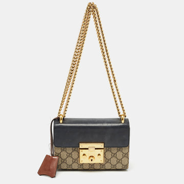 GUCCI Beige/Black GG Supreme Canvas and Leather Small Padlock Shoulder Bag