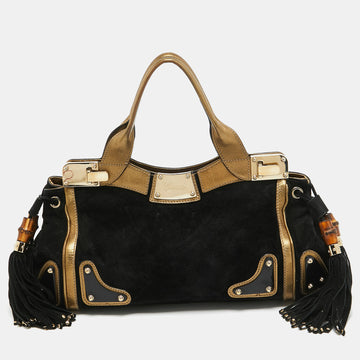 GUCCI Black/Gold Leather and Suede Tassel Race Bag