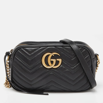 GUCCI Black Matelasse Leather GG Marmont Camera Crossbody Bag