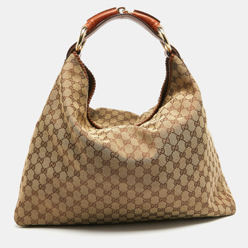 GUCCI Beige/Orange GG Canvas and Leather Large Horsebit Handle Hobo