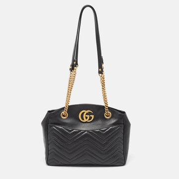 GUCCI Black Matelasse Medium GG Marmont Open Top Shoulder Bag