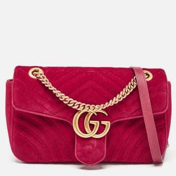 GUCCI Red Matelasse Velvet Small GG Marmont Shoulder Bag