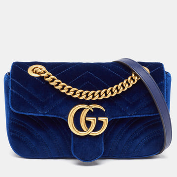 GUCCI Blue Matelasse Velvet Mini GG Marmont Shoulder Bag