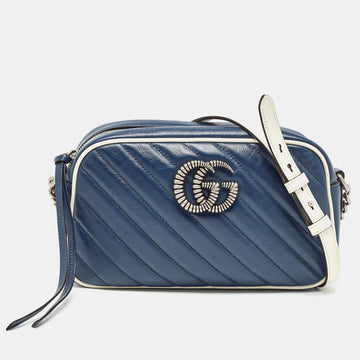 GUCCI Navy Blue/White Diagonal Matelasse Leather Small GG Marmont Shoulder Bag