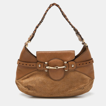 GUCCI Beige GG Suede and Leather Pelham Flap Hobo