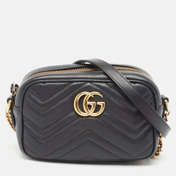 GUCCI Black Matelasse Leather Mini GG Marmont Crossbody Bag