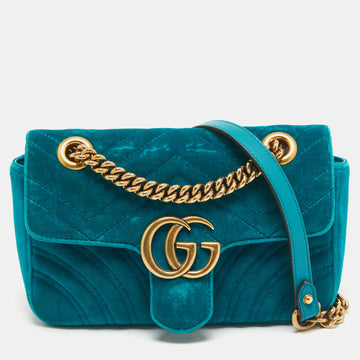 GUCCI Green Matelasse Velvet Mini GG Marmont Shoulder Bag