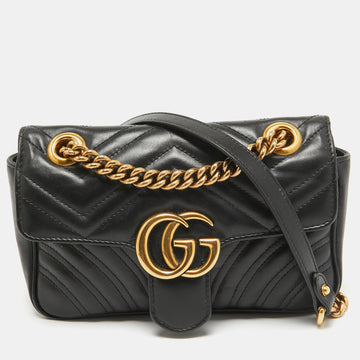GUCCI Black Matelasse Leather Mini GG Marmont Shoulder Bag