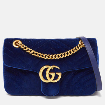 GUCCI Blue Matelasse Velvet Small GG Marmont Shoulder Bag