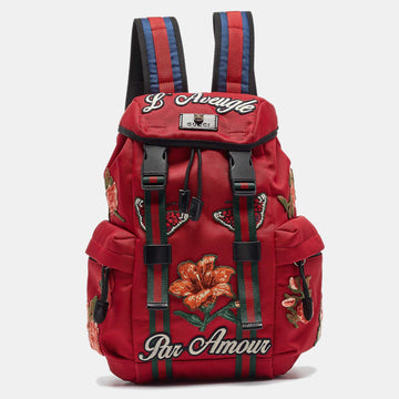 GUCCI Red Techno Canvas L'Aveugle Par Amour Embroidered Double Buckle Backpack
