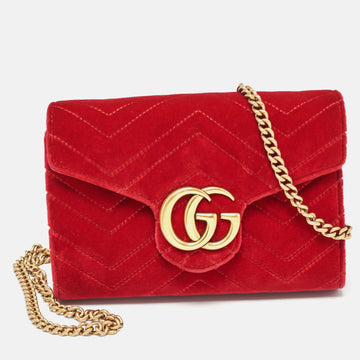 GUCCI Red Matelasse Velvet GG Marmont Wallet on Chain