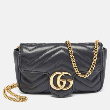 GUCCI Black Matelasse Leather Super Mini GG Marmont Shoulder Bag
