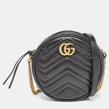 GUCCI Black Matelasse Leather Mini GG Marmont Round Shoulder Bag