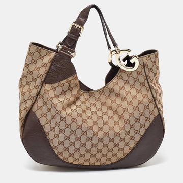GUCCI Beige/Brown GG Canvas and Leather Charlotte Hobo