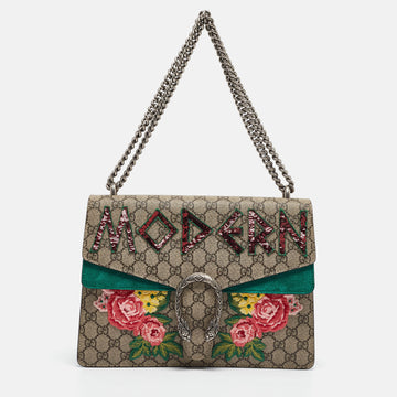 GUCCI Green/Beige GG Supreme Canvas and Suede Medium Modern Embroidered Dionysus Shoulder Bag