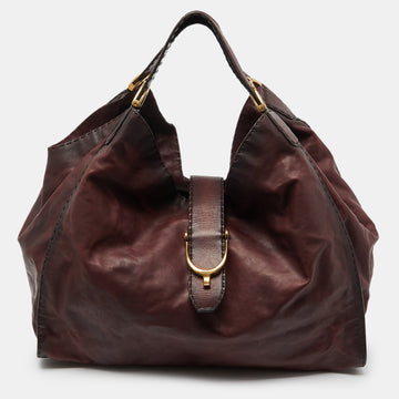 GUCCI Two Tone Burgundy Leather Stirrup Shoulder Bag