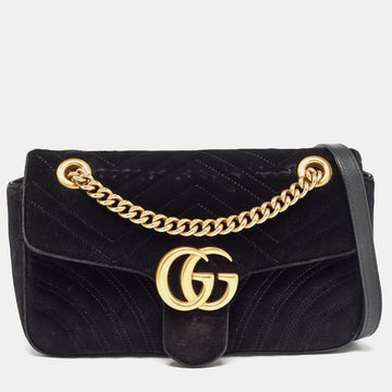 GUCCI Black Matelasse Velvet Small GG Marmont Shoulder Bag