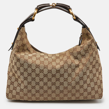 GUCCI Beige/Brown GG Canvas and Leather Horsebit Handle Hobo