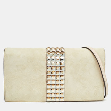 GUCCI Beige Suede Crystals Embellished Flap Chain Clutch