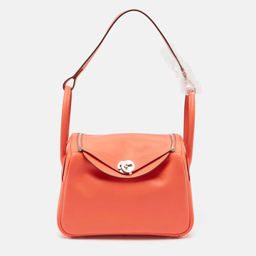 HERMES Orange Field Evercolor Leather Palladium Finish Lindy 26 Bag