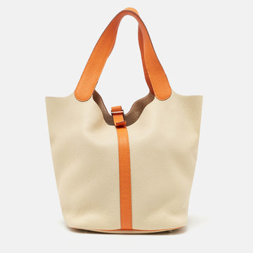 HERMES Parchemin/Orange Taurillon Clemence Leather Picotin 26 Bag