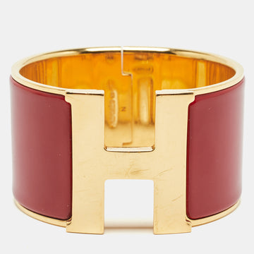 HERMES Clic Clac H Red Enamel Gold Plated Extra Wide Bracelet