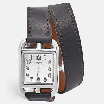 HERMES Silver Stainless Steel Leather Cape Cod CC1.210 Unisex Wristwatch 23 mm