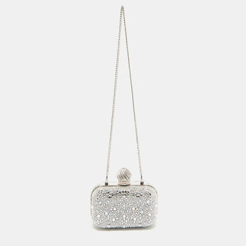 JIMMY CHOO Silver Suede Crystals Embellished Micro Cloud Clutch