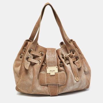 JIMMY CHOO Dark Beige/Silver Shimmering Suede Ramona Tote