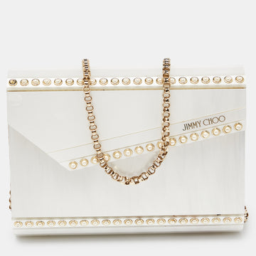JIMMY CHOO Off White Pearl Embellished Acrylic and Leather Candy Chain Clutch