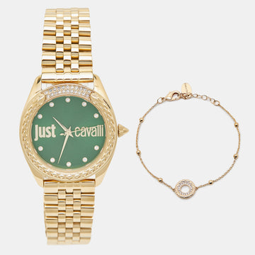 JUST CAVALLI Green Gold Plated Stainless Steel Crystal Brillante JC1L195M0075 Women's Wristwatch Set 34 mm